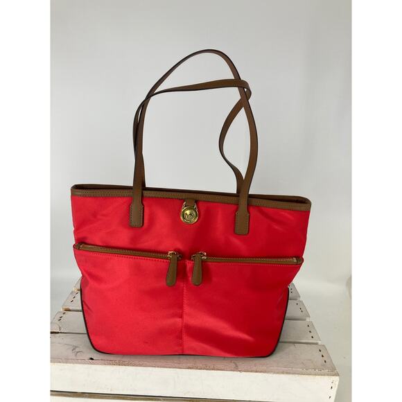 MICHAEL KORS, LARGE RED NYLON, BROWN LEATHER SHOULDER BAG - Picture 1 of 11